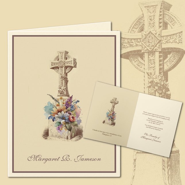 Tarjeta De Agradecimiento Condolencia floral de la Cruz Celta Irlandesa (Irish Celtic Cross Funeral Condolence Thank You Cards)