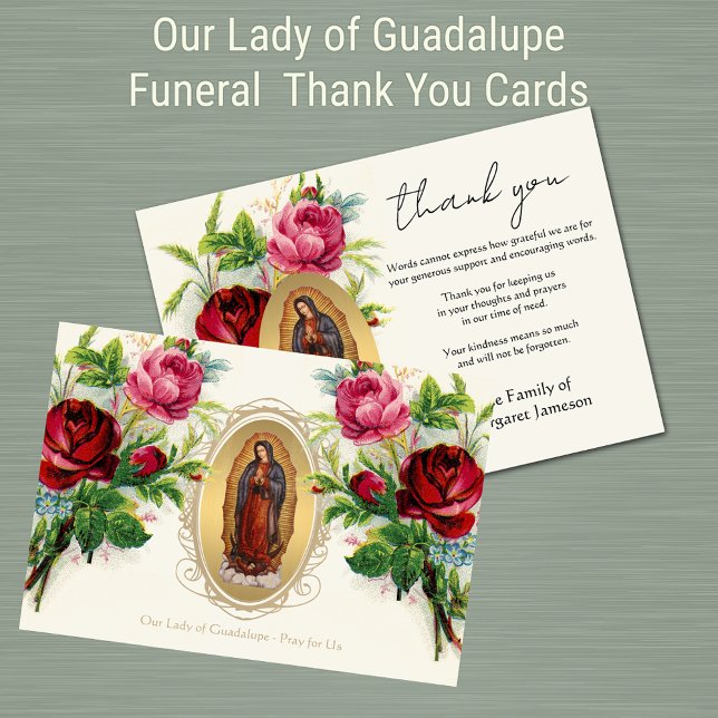 Tarjeta De Agradecimiento Condolencia religiosa católica Guadalupe Gracias (Traditional Catholic Our Lady of Guadalupe Funeral Thank You Cards)