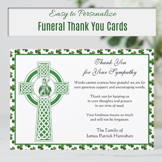 Tarjeta De Agradecimiento Condolencias católicas: St. Patrick Shamrock (Irish Celtic Cross and St. Patrick Funeral Thank you cards)