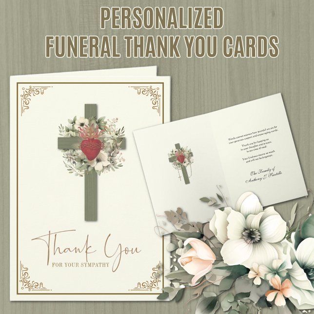 Tarjeta De Agradecimiento Condolencias funerarias católicas cruzadas florale (Traditional Catholic Funeral Sympathy Thank You Card with Sacred Heart of Jesus)