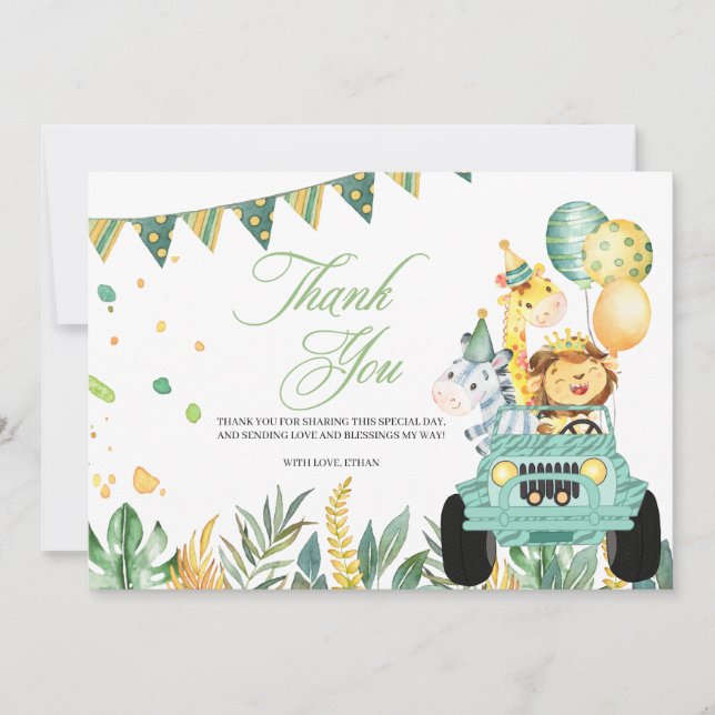 Tarjeta De Agradecimiento Conduce por Safari Birthday Parade Gracias Card (Anverso)