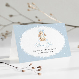 Tarjeta De Agradecimiento Conejito Adorable, Lazo Azul, Lunares Azules, Fies