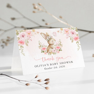 Tarjeta De Agradecimiento Conejito Adorable, Mariposa, Flores Rosadas, Baby
