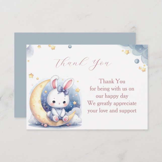 Tarjeta De Agradecimiento Conejito blanco lindo sentado en la luna (Anverso / Reverso)