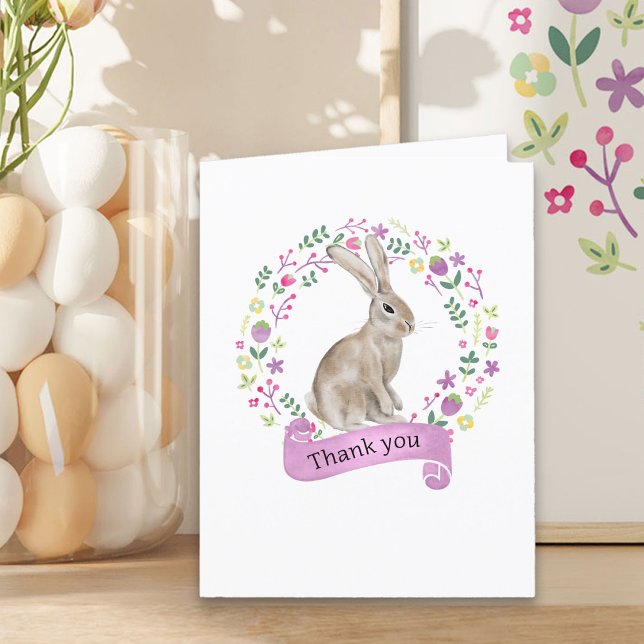 Tarjeta De Agradecimiento Conejito en corona de flores doodle lindo (Easter Rabbit Thank You Card from my Little Bunny & Little Lamb Baby Shower collection)