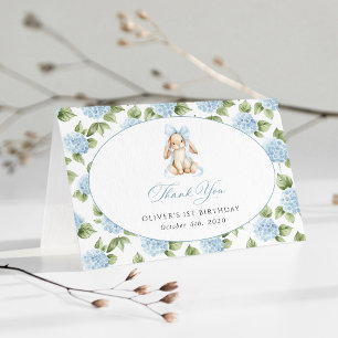 Tarjeta De Agradecimiento Conejito Lindo, Lazo Azul, Flores Azules, Primer C
