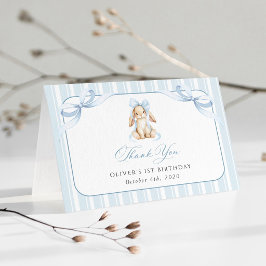 Tarjeta De Agradecimiento Conejito Lindo, Lazo Azul, Rayas Azules, Primer Cu