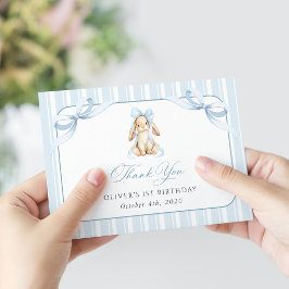 Tarjeta De Agradecimiento Conejito Lindo, Lazo Azul, Rayas Azules, Primer Cu