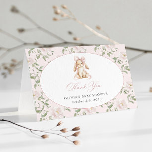 Tarjeta De Agradecimiento Conejito Lindo, Lazo Rosa, Flores Rosadas, Fiesta