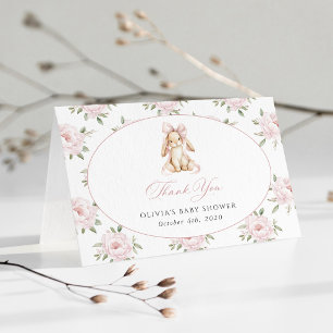 Tarjeta De Agradecimiento Conejito Lindo, Lazo Rosa, Flores Rosadas, Fiesta