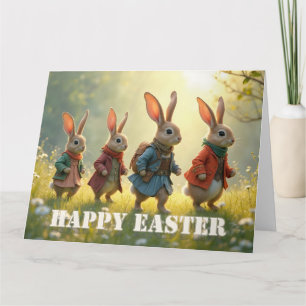 Tarjeta De Agradecimiento Conejitos de Pascua caminando en prado primaveral