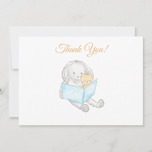Tarjeta De Agradecimiento *~* Conejo Baby Shower Bunny leyendo a Teddy (Anverso)