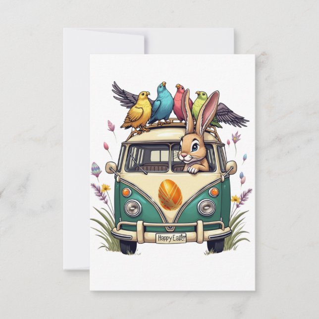 Tarjeta De Agradecimiento Conejo de Pascua en bus con amigos de aves - Ce de (Anverso)