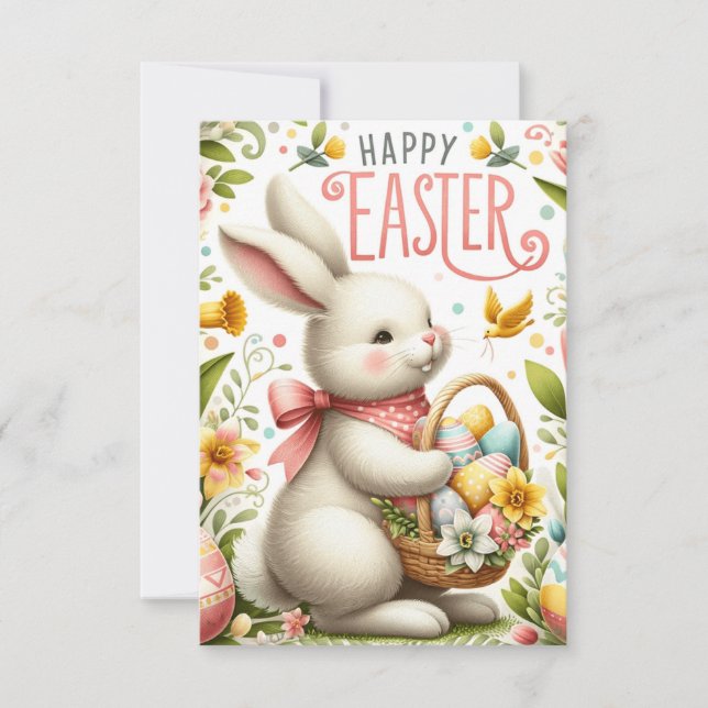 Tarjeta De Agradecimiento Conejo de Pascua y florecimiento de primavera (Anverso)