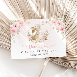 Tarjeta De Agradecimiento Conejo, Mariposa, Flores Rosadas, Primer Cumpleaño