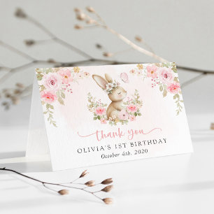 Tarjeta De Agradecimiento Conejo, Mariposa, Flores Rosadas, Primer Cumpleaño