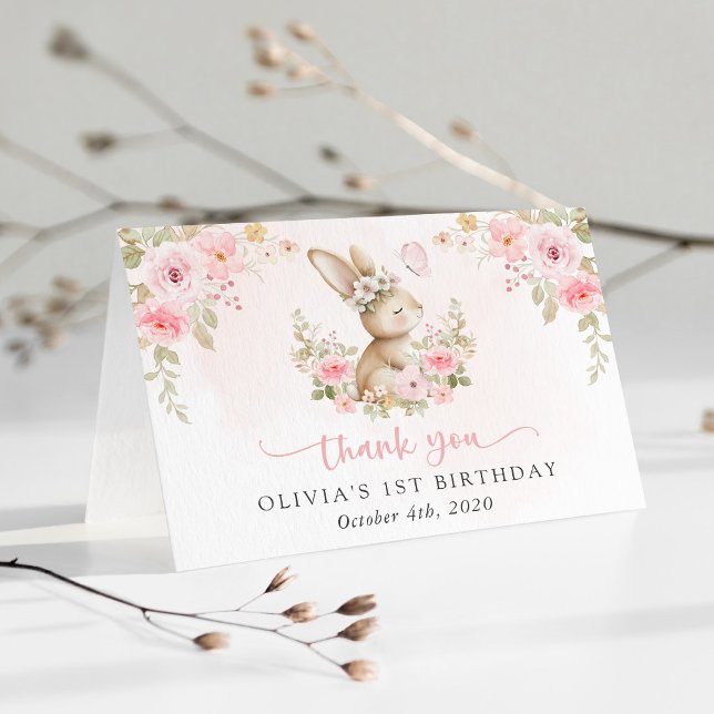 Tarjeta De Agradecimiento Conejo, Mariposa, Flores Rosadas, Primer Cumpleaño (Subido por el creador)