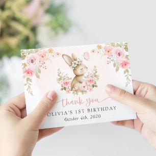 Tarjeta De Agradecimiento Conejo, Mariposa, Flores Rosadas, Primer Cumpleaño
