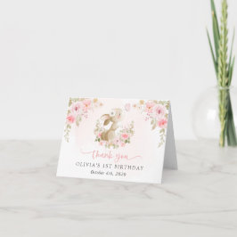 Tarjeta De Agradecimiento Conejo, Mariposa, Flores Rosadas, Primer Cumpleaño