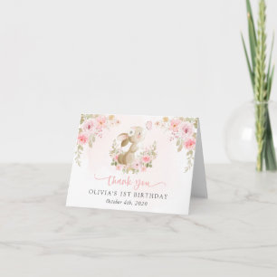 Tarjeta De Agradecimiento Conejo, Mariposa, Flores Rosadas, Primer Cumpleaño