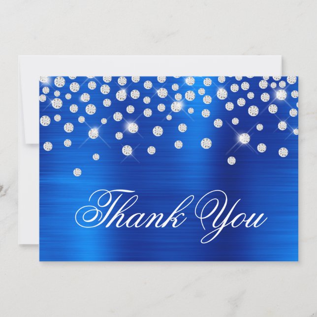 Tarjeta De Agradecimiento Confeti de diamantes de raso azul real gradiente f (Anverso)
