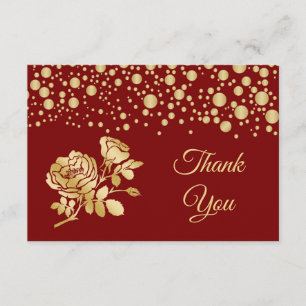 Tarjeta De Agradecimiento Confeti de oro, rosas en Boda rojo Gracias
