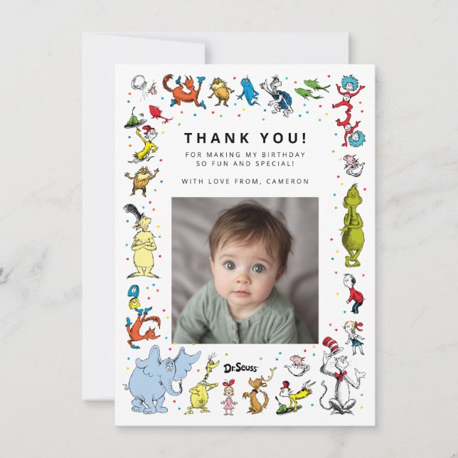 Tarjeta De Agradecimiento Confeti de Personajes de Dr. Seuss | Cumpleaños de (Anverso)
