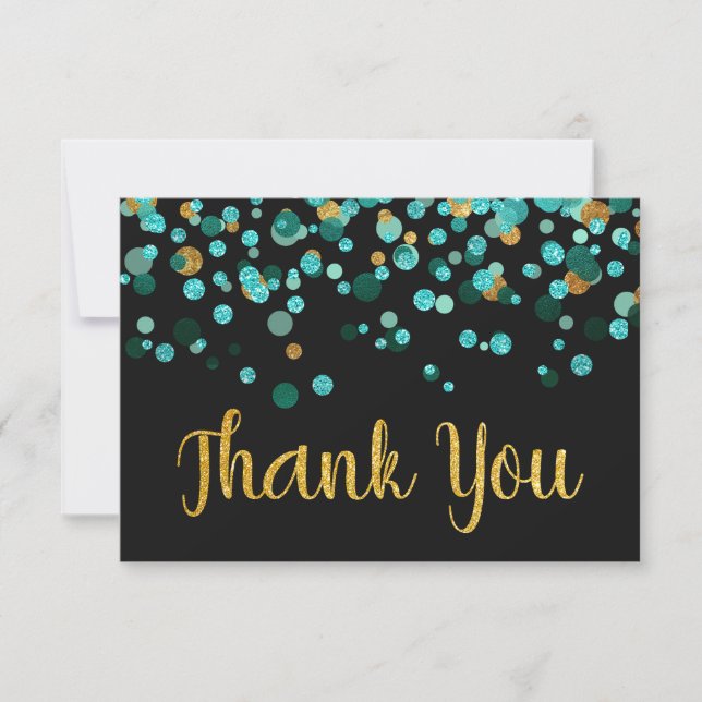 Tarjeta De Agradecimiento Confetti Black, Purpurina de oro Verde azulado mod (Anverso)