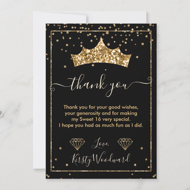 Tarjeta De Agradecimiento Confetti de diamante dorado Tiara Sweet 16 (Anverso)