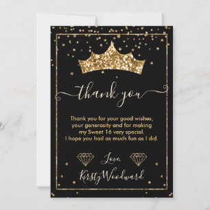 Tarjeta De Agradecimiento Confetti de diamante dorado Tiara Sweet 16