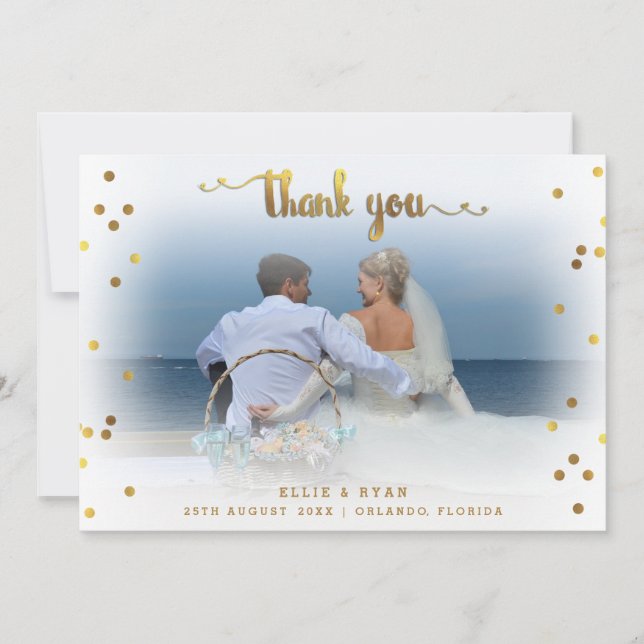 Tarjeta De Agradecimiento Confetti de oro romántico gracias Boda foto (Anverso)