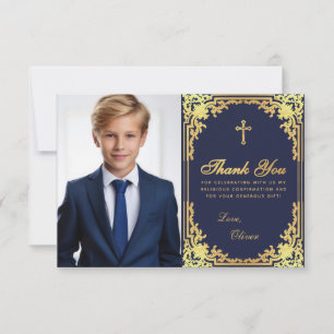 Tarjeta De Agradecimiento Confirmación Azul Marino Falso Oro Chico Vintage F