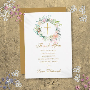 Tarjeta De Agradecimiento Confirmación de escritura en oro floral de rosas