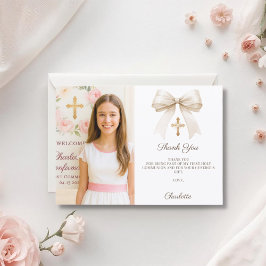 Tarjeta De Agradecimiento Confirmación de foto de niña con lazo crema