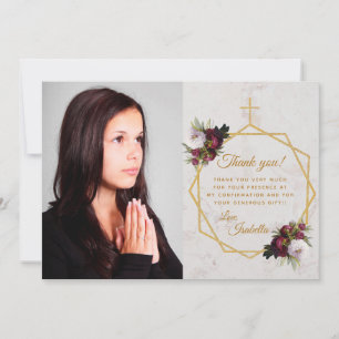 Tarjeta De Agradecimiento Confirmación de niña Burdeos Peonía Cruz Dorada Má