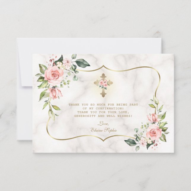 Tarjeta De Agradecimiento Confirmación de Rubor Flowers Gold Cross Marble (Anverso)