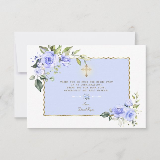 Tarjeta De Agradecimiento Confirmación del elegante Blue Floral Gold Cross B (Anverso)