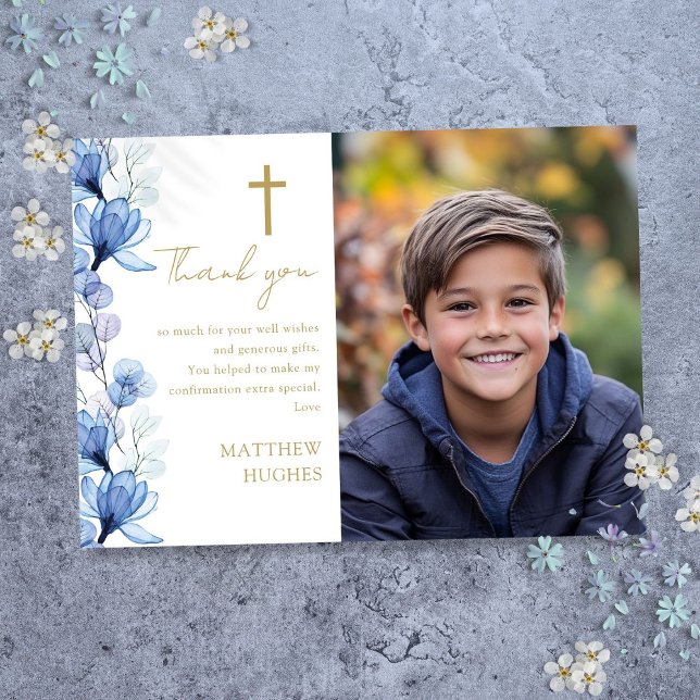 Tarjeta De Agradecimiento Confirmación elegante de foto de Floral azul (Elegant Blue Floral Photo Confirmation Thank You Card)