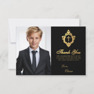 Tarjeta De Agradecimiento Confirmación Negro Cresta Dorada Elegante Niño Fot