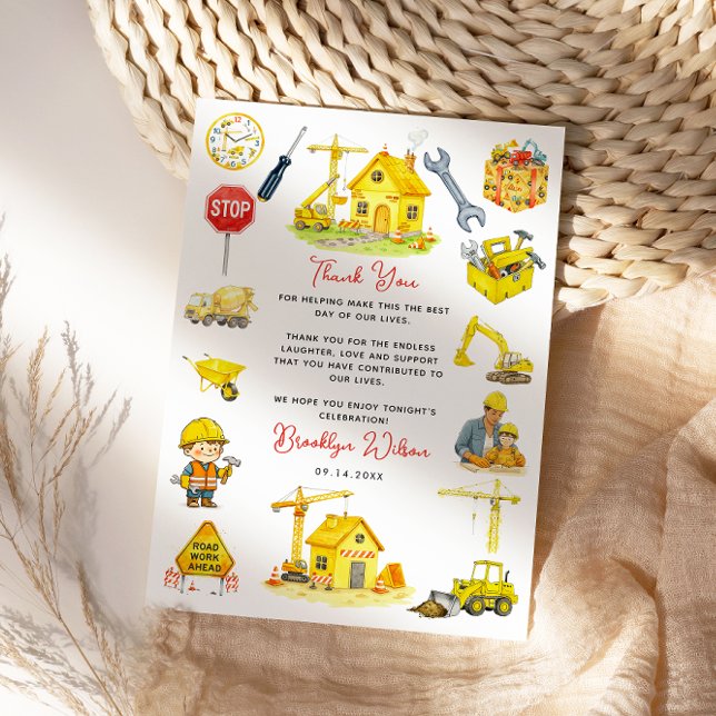 Tarjeta De Agradecimiento Construcción de Acuarela 2do Cumpleaños (Watercolor Construction 2nd Birthday Thank You Card
)