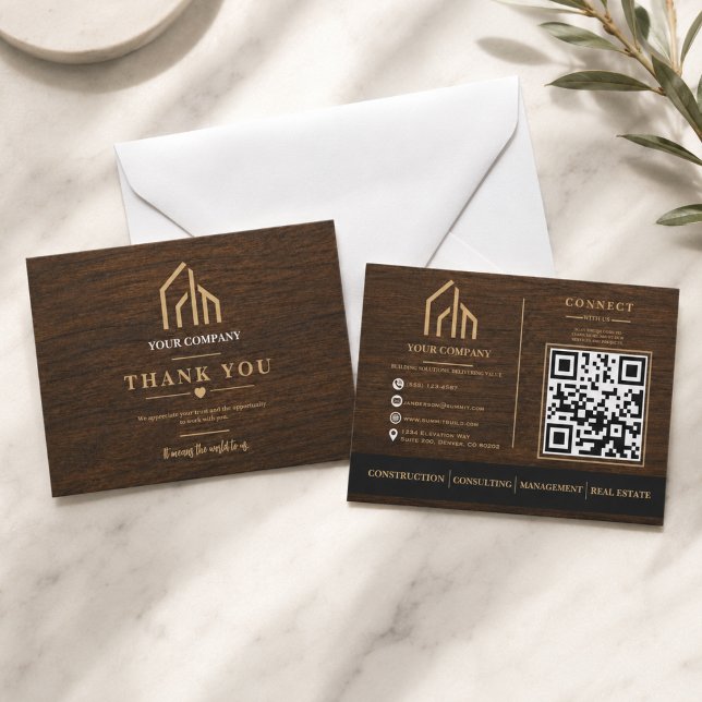Tarjeta De Agradecimiento Construcción de código QR de veta de madera modern (Modern Wood Grain QR Code Construction Thank You Card
)