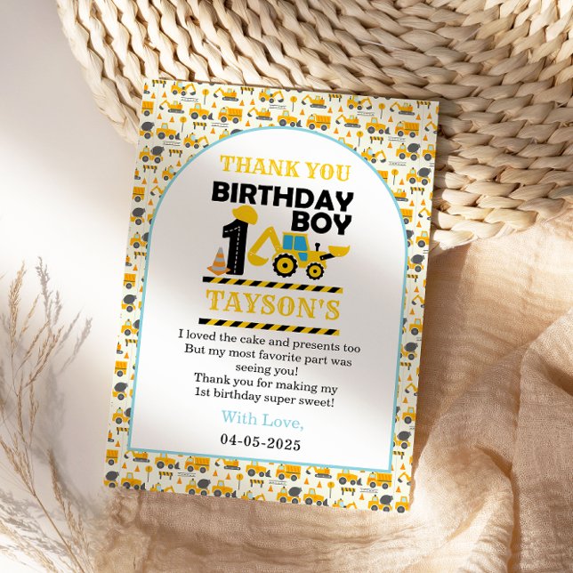 Tarjeta De Agradecimiento Construction Truck 1st Birthday | Kids Party (Subido por el creador)