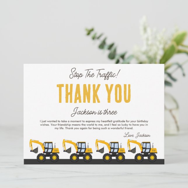 Tarjeta De Agradecimiento Construction Truck Birthday | Personalized Décor (Anverso de pie)