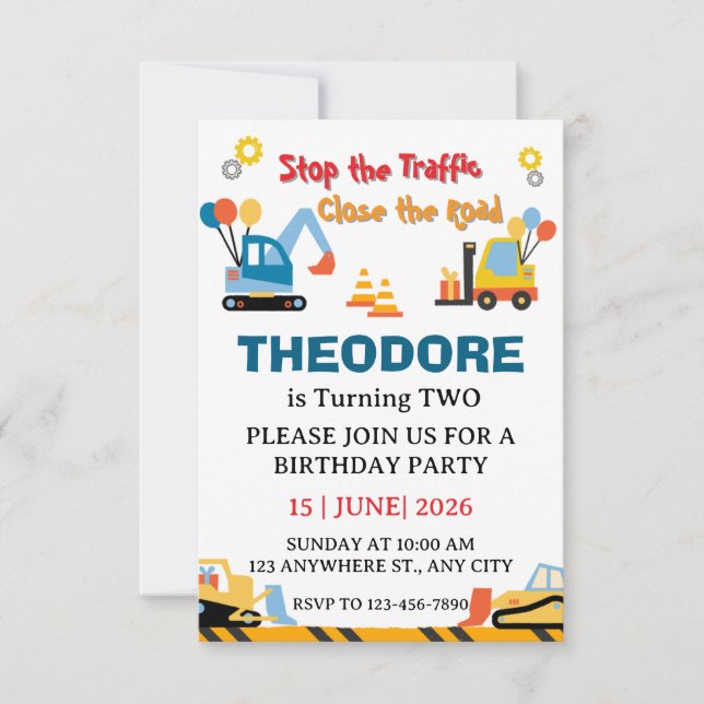 Tarjeta De Agradecimiento Construction Truck Vehicles Boys 2nd Birthday (Anverso)
