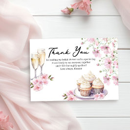 Tarjeta De Agradecimiento Copas de champán y pastelitos flores rosas