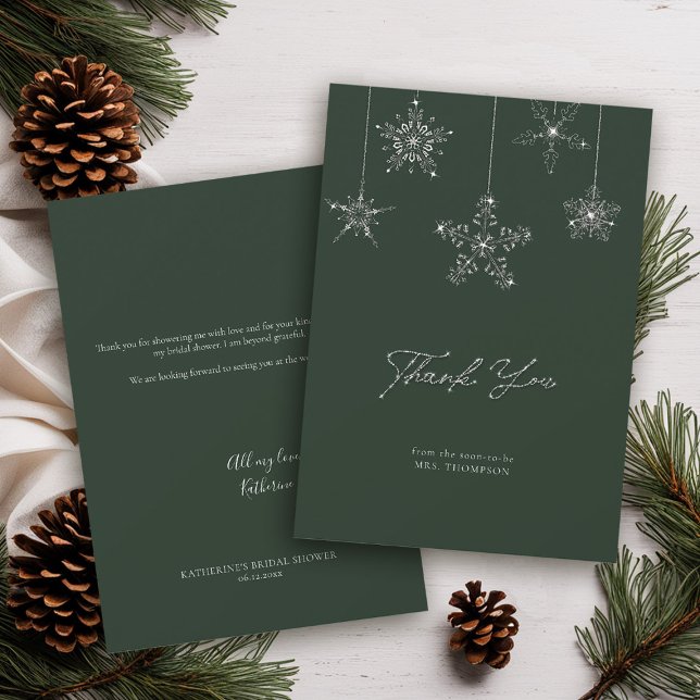 Tarjeta De Agradecimiento Copo de Nieve Brillante Verde Invernal Agradecimie (winter bridal shower thank you card sage green glitter snowflakes elegant script classy chic)