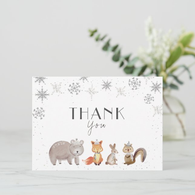 Tarjeta De Agradecimiento Copos de nieve de invierno, cumpleaños de animales (Anverso de pie)