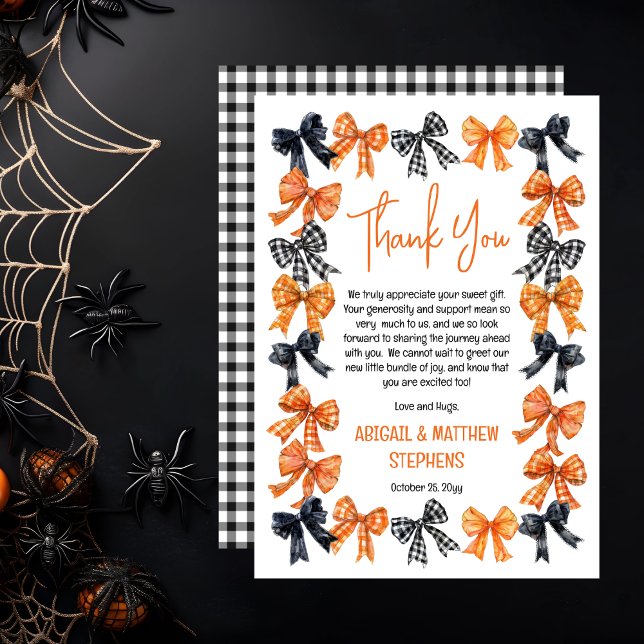 Tarjeta De Agradecimiento Coqueta de Halloween Negra | Lazos Naranja Baby Sh (Halloween Coquette Black | Orange Bows Girl Baby Shower Thank You Card)
