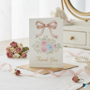 Tarjeta De Agradecimiento Coqueta Floral Acuarela Rosa Lazo Dorado