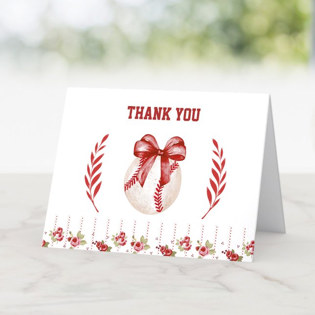 Tarjeta De Agradecimiento Coquette Baseball Red Bow Floral Moderno Cumpleaño (Coquette Baseball Red Bow Floral Modern Birthday Thank You Card)
